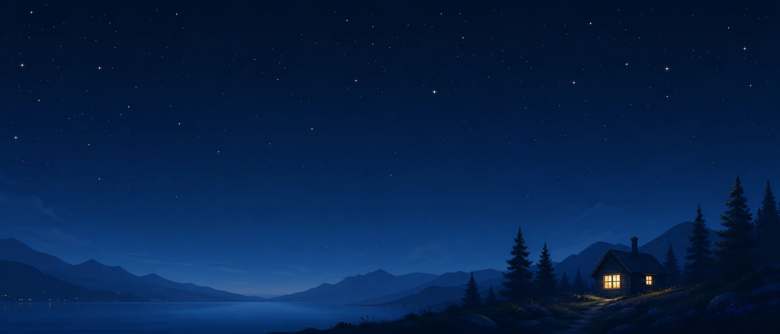深蓝夜空背景，点缀着温暖的星光，一间小屋透出暖黄灯光